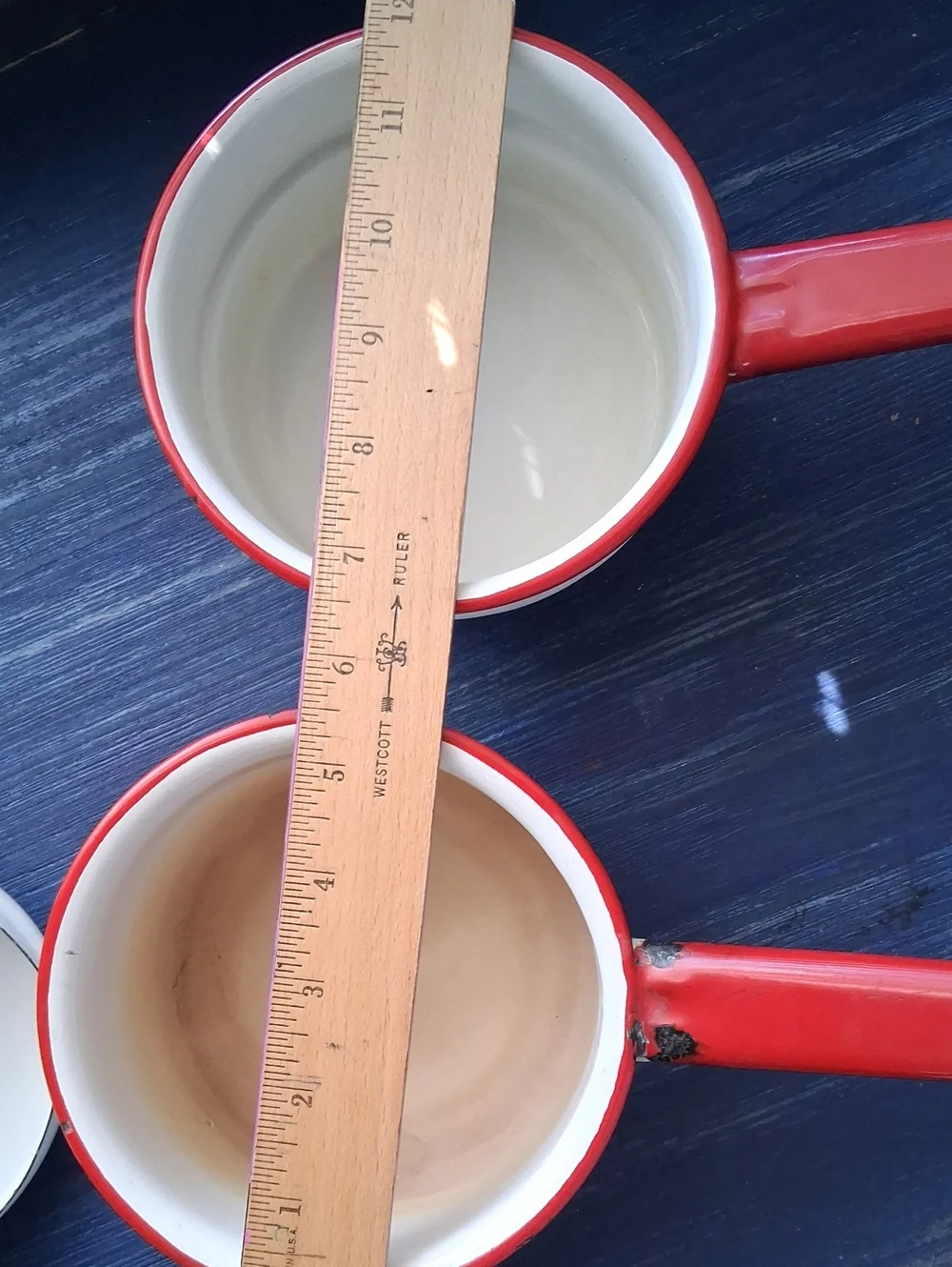 Vintage White Enamel Double Boiler with Red Trim and Handles